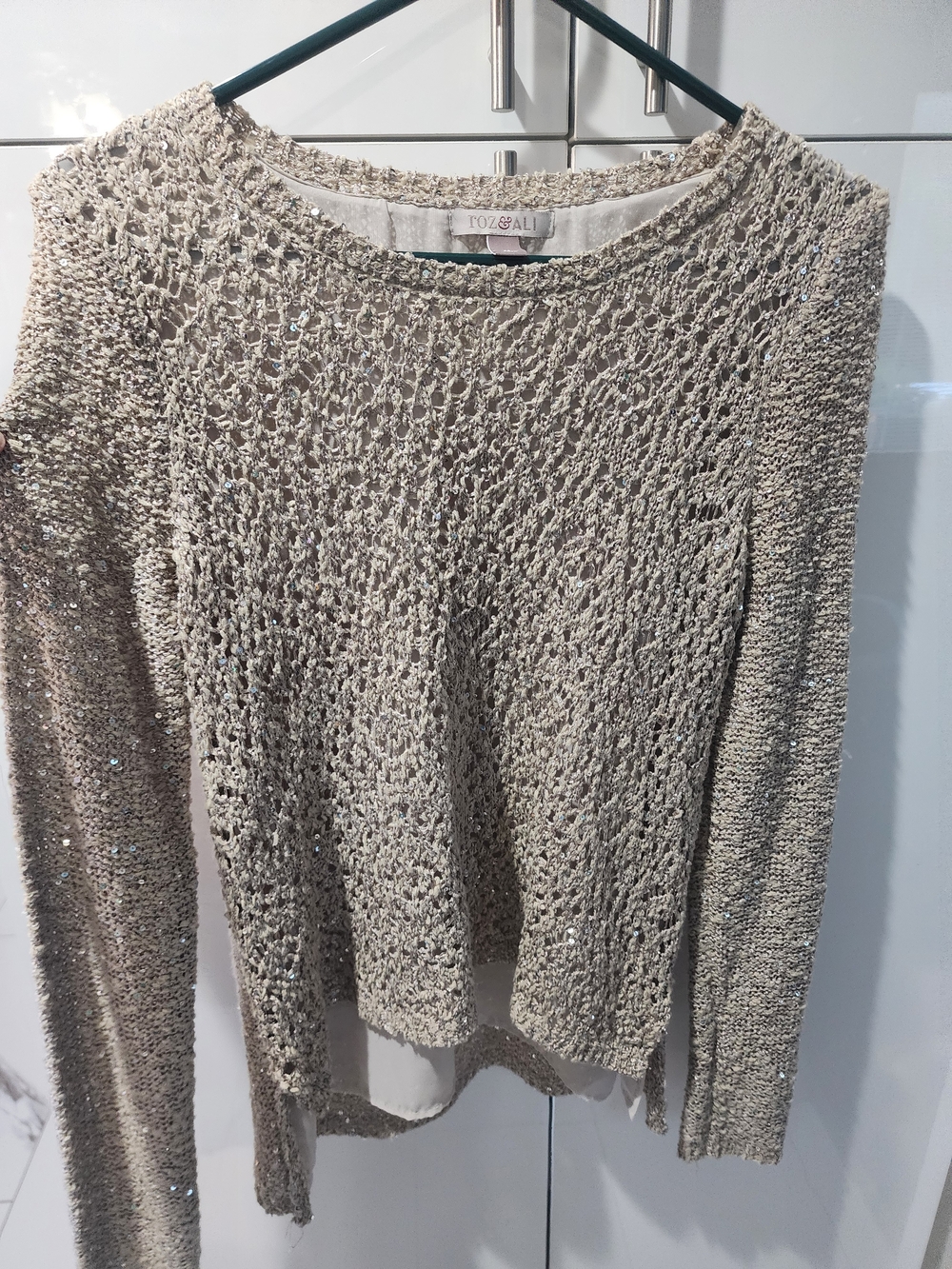 Roz & Ali Open-Weave Metallic Beige Crewneck Sweater